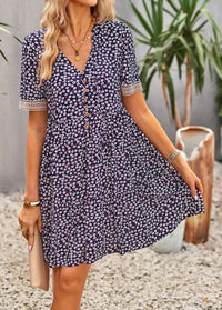 Floral Buttoned Puff Sleeve Dress - Country Club Prep