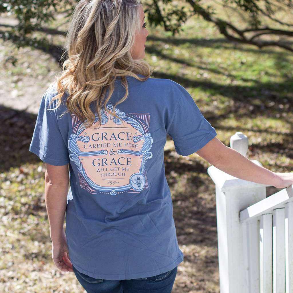 Grace Carried Me Here Tee in Marine Blue by Lily Grace - Country Club Prep