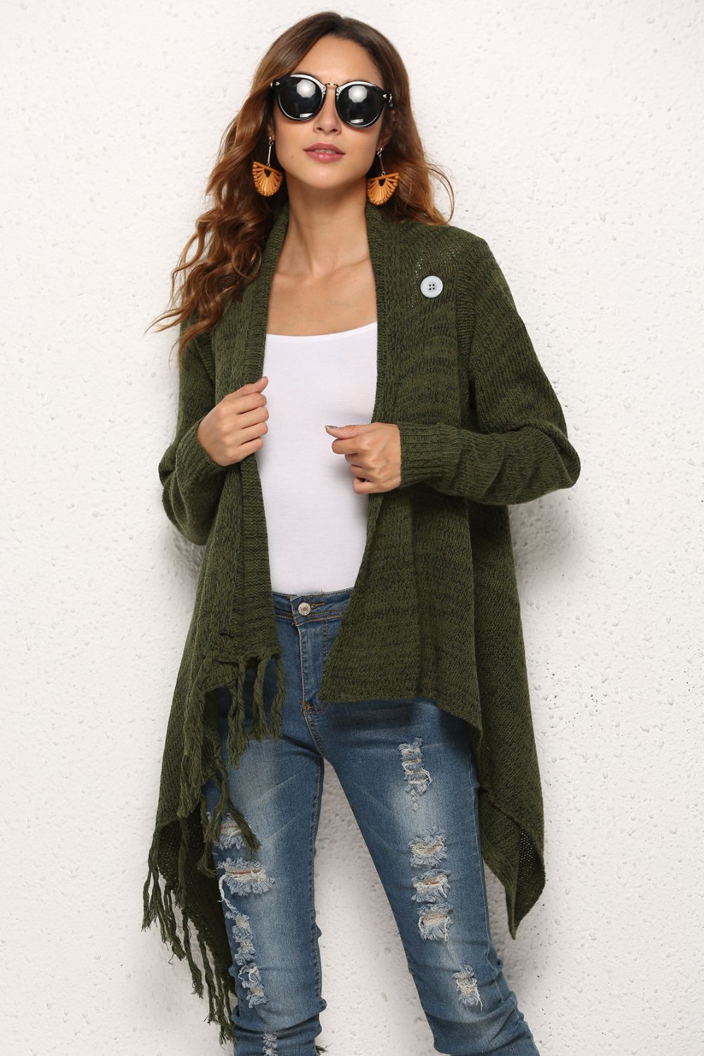 One-Button Tassel Tie Asymmetrical Hem Cardigan - Country Club Prep