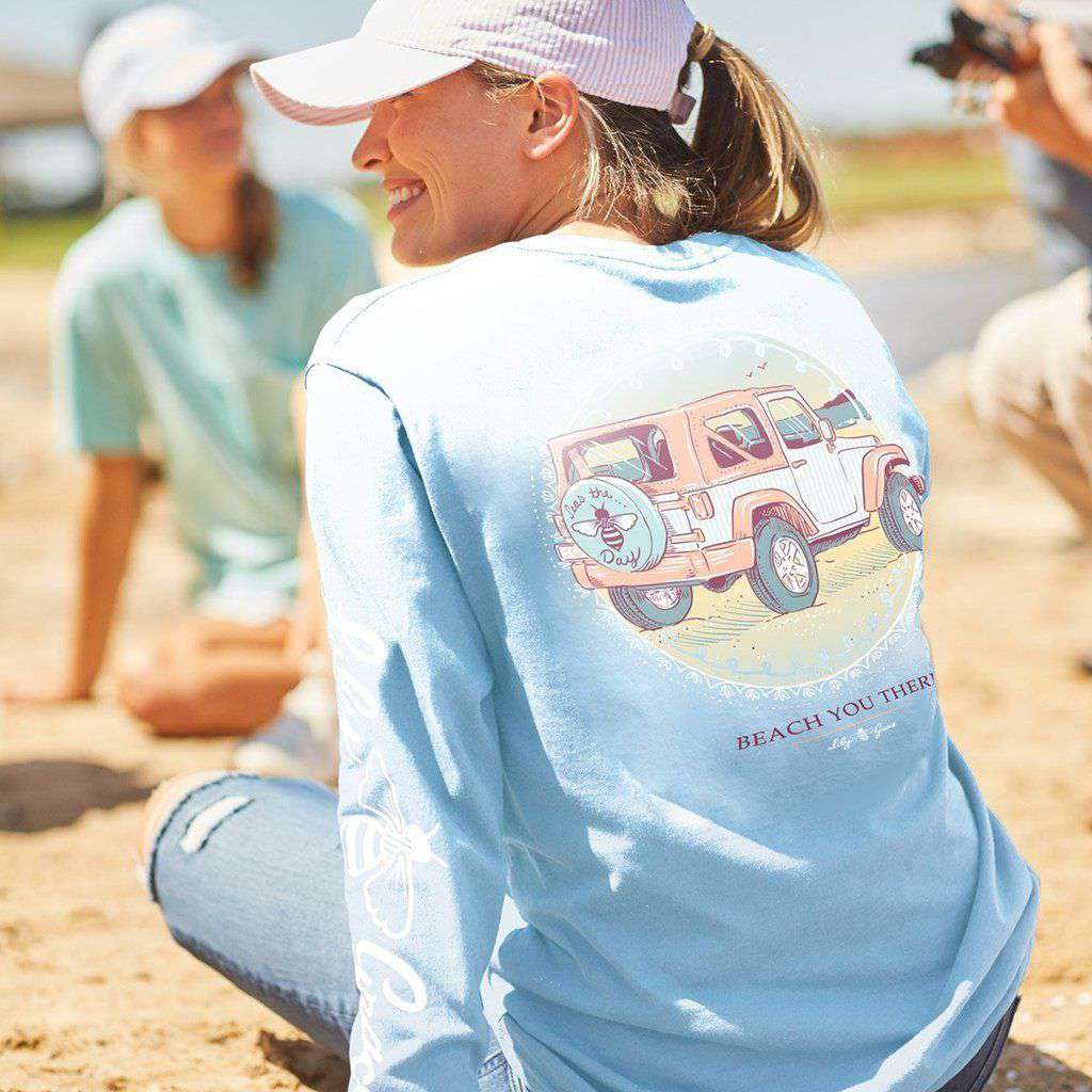 Beach You There Long Sleeve Tee in Chambray by Lily Grace - Country Club Prep