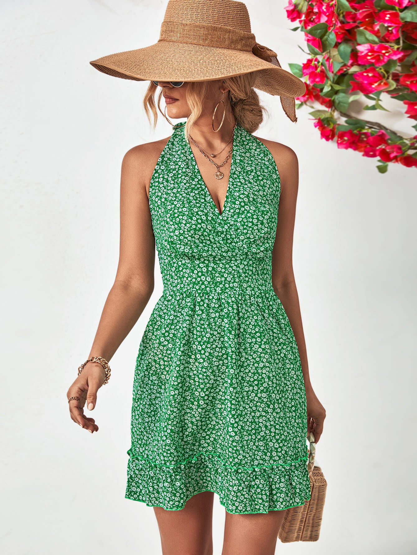 Ditsy Floral Halter Neck Ruffle Hem Dress - Country Club Prep