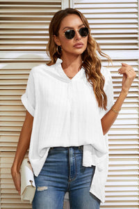 Notched Neck Slit Cuffed Blouse - Country Club Prep