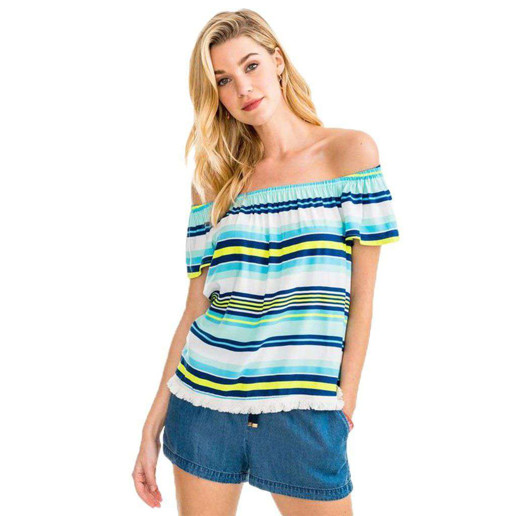 Beatrix Stripe Off the Shoulder Top in Offshore Green by Southern Tide - Country Club Prep