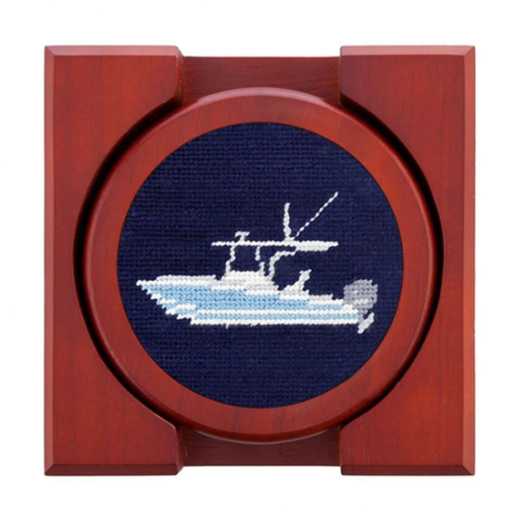 Power Boat Needlepoint Coasters in Dark Navy by Smathers & Branson - Country Club Prep