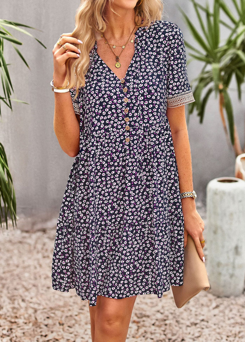 Floral Buttoned Puff Sleeve Dress - Country Club Prep