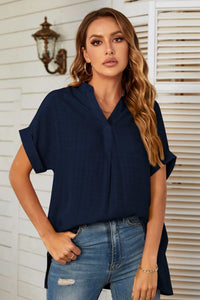 Notched Neck Slit Cuffed Blouse - Country Club Prep