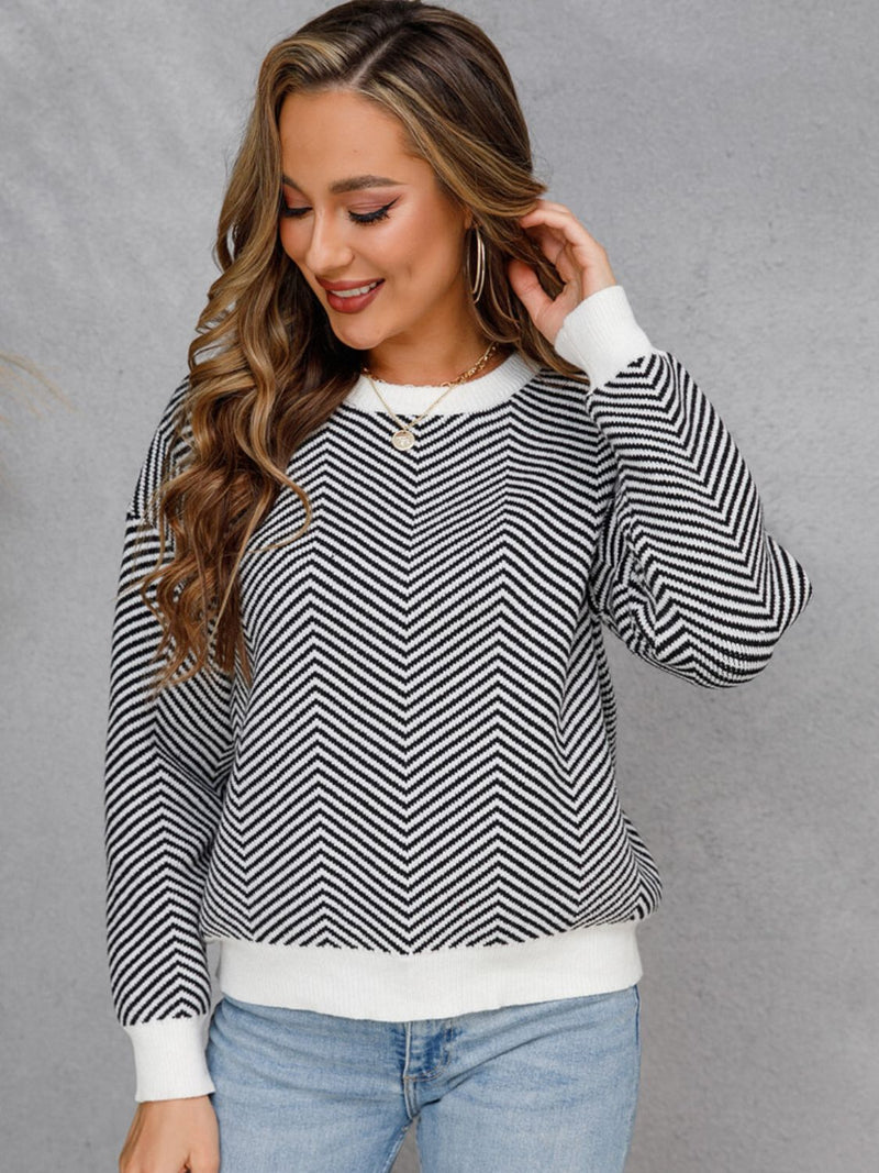Chevron Ribbed Trim Dropped Shoulder Knit Pullover - Country Club Prep