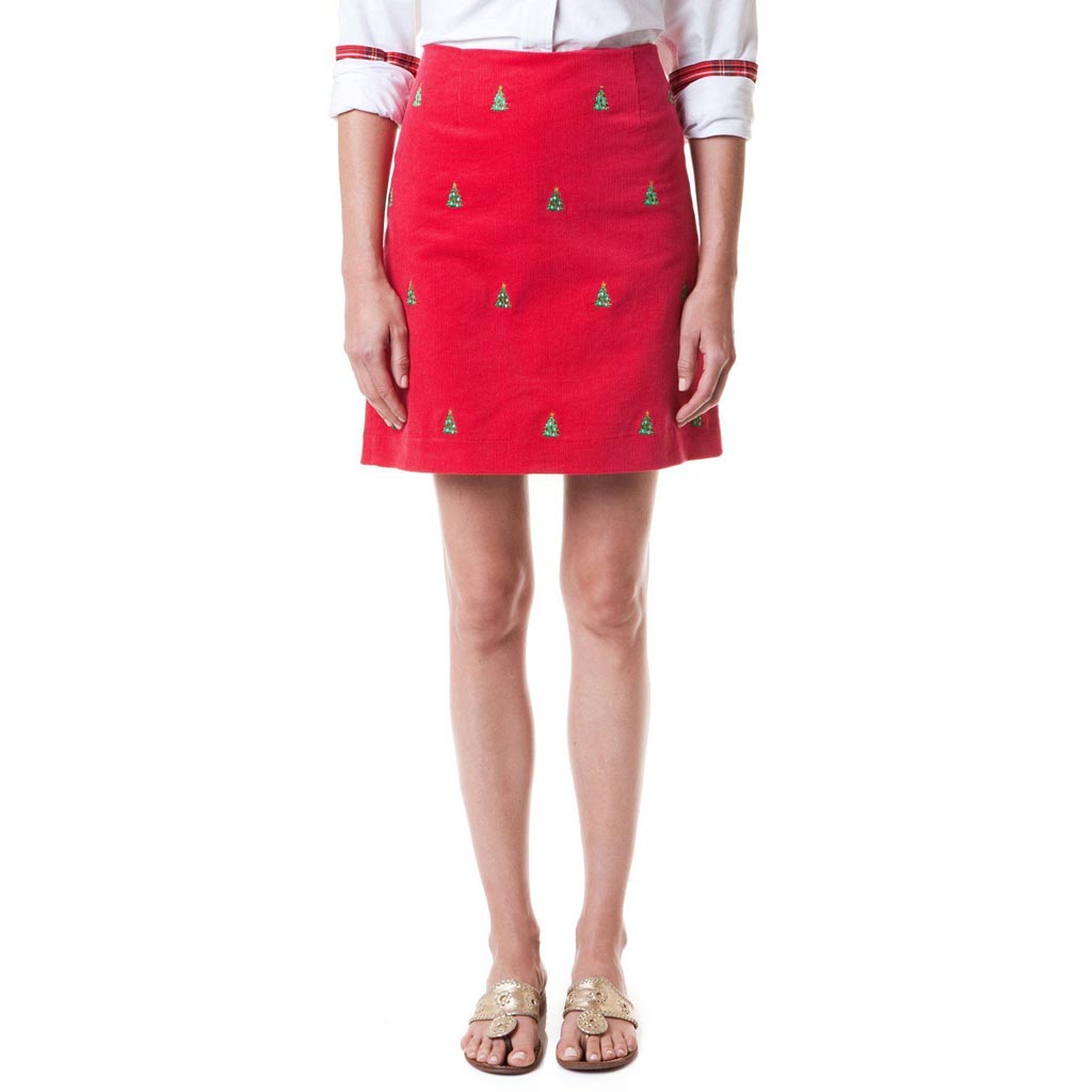 Ali Corduroy Skirt with Embroidered Christmas Trees by Castaway Clothing - Country Club Prep