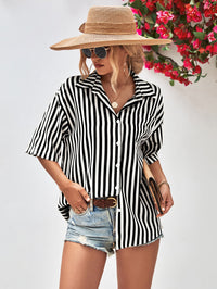 Striped Dropped Shoulder Half Sleeve Shirt - Country Club Prep