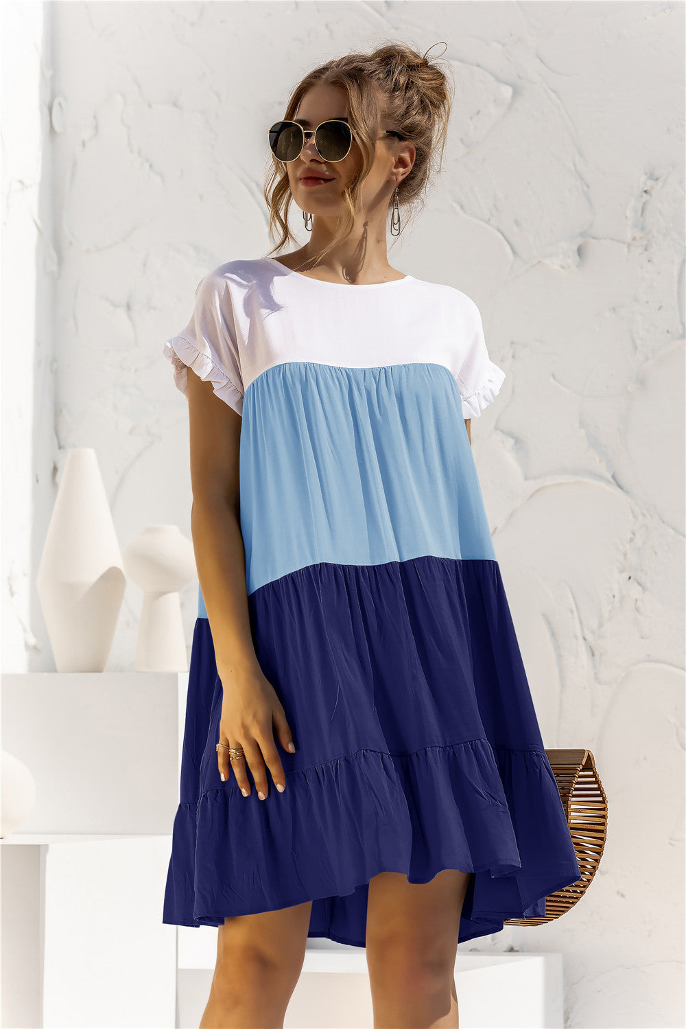 Color Block Round Neck Ruffle Hem Dress - Country Club Prep