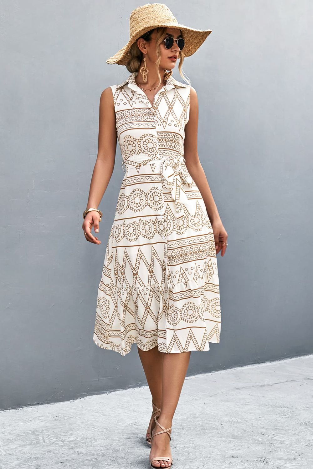 Printed Button Front Tie-Waist Sleeveless Collared Dress - Country Club Prep