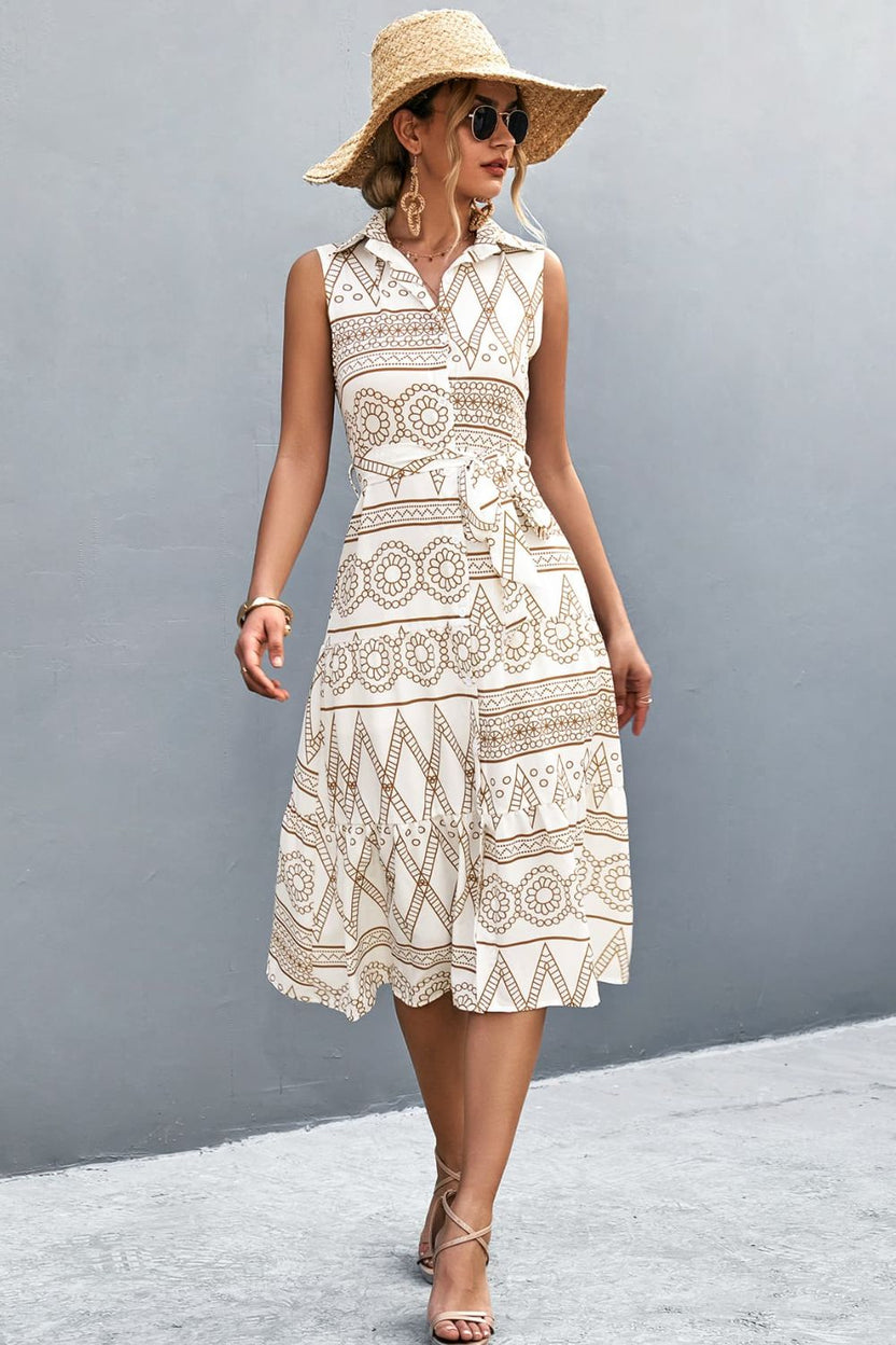 Plus Size Button Front Tie Waist Sleeveless Dress