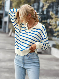 Striped Ribbed Trim Collared Knit Sweater - Country Club Prep