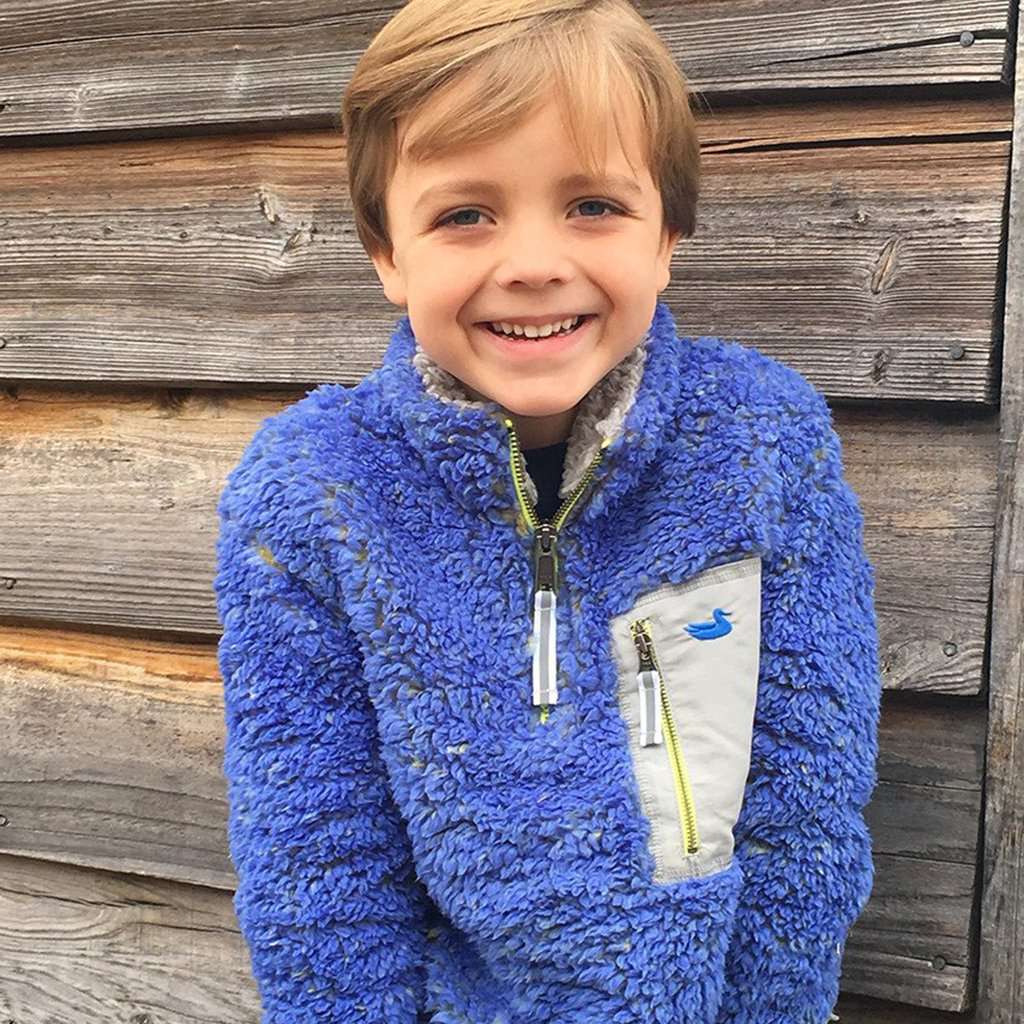 Youth Piedmont Range Sherpa Pullover in French Blue and Mustard by Southern Marsh - Country Club Prep
