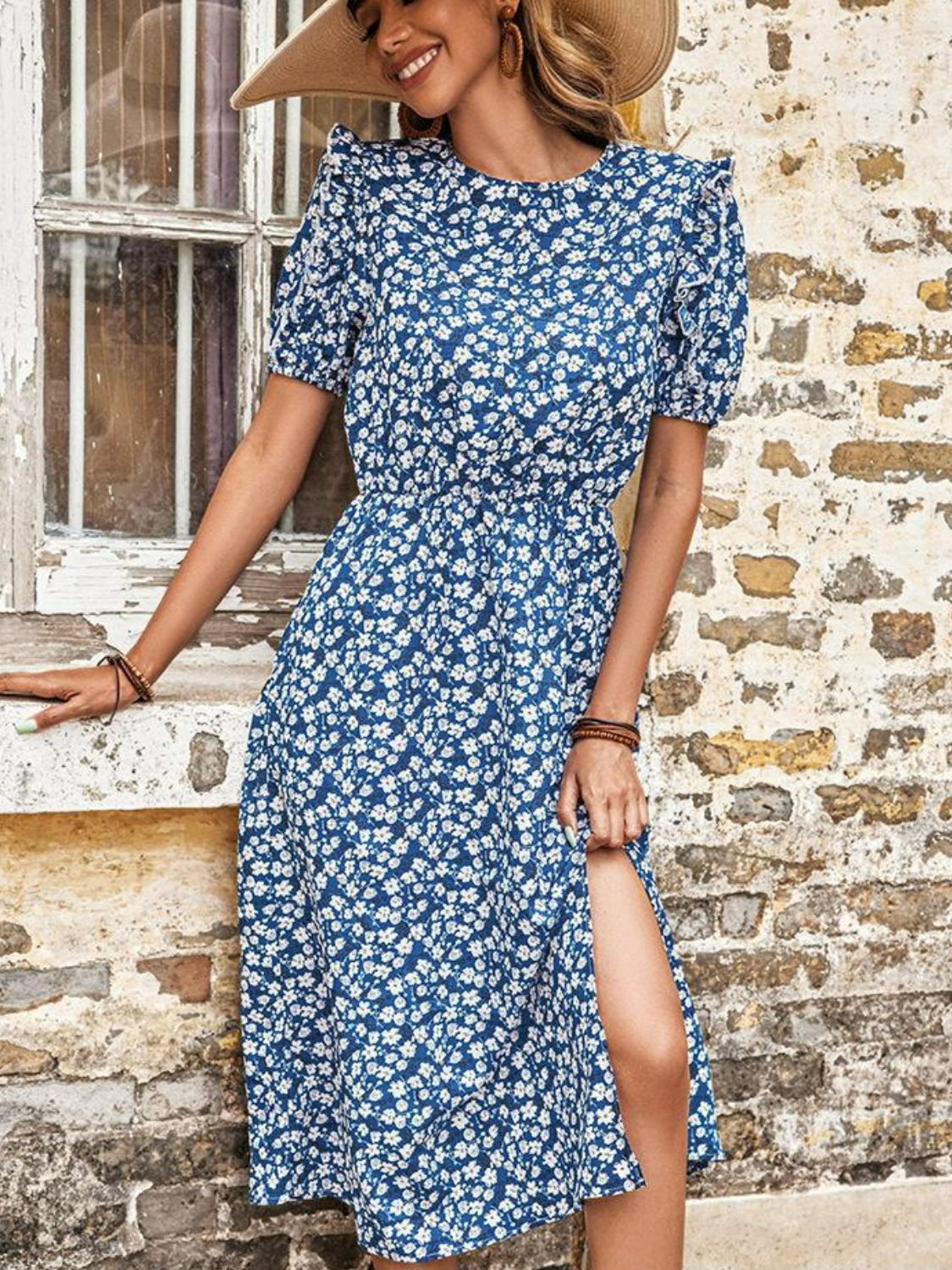 Floral Round Neck Split Midi Dress - Country Club Prep