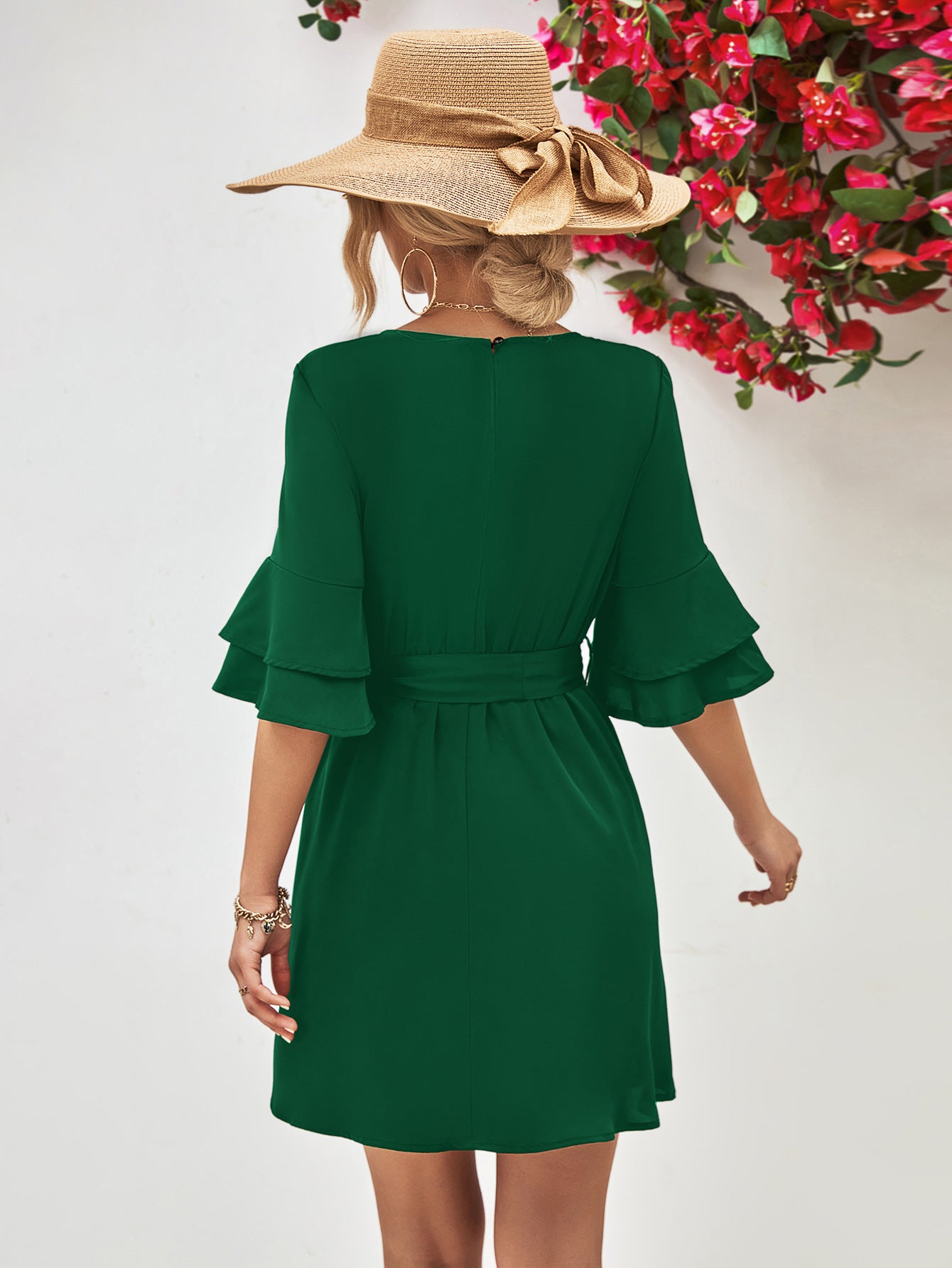 Round Neck Tie Belt Flounce Sleeve Dress Forest / M