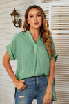 Notched Neck Slit Cuffed Blouse - Country Club Prep