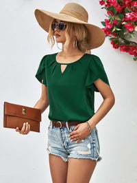 Cutout Round Neck Petal Sleeve Blouse - Country Club Prep