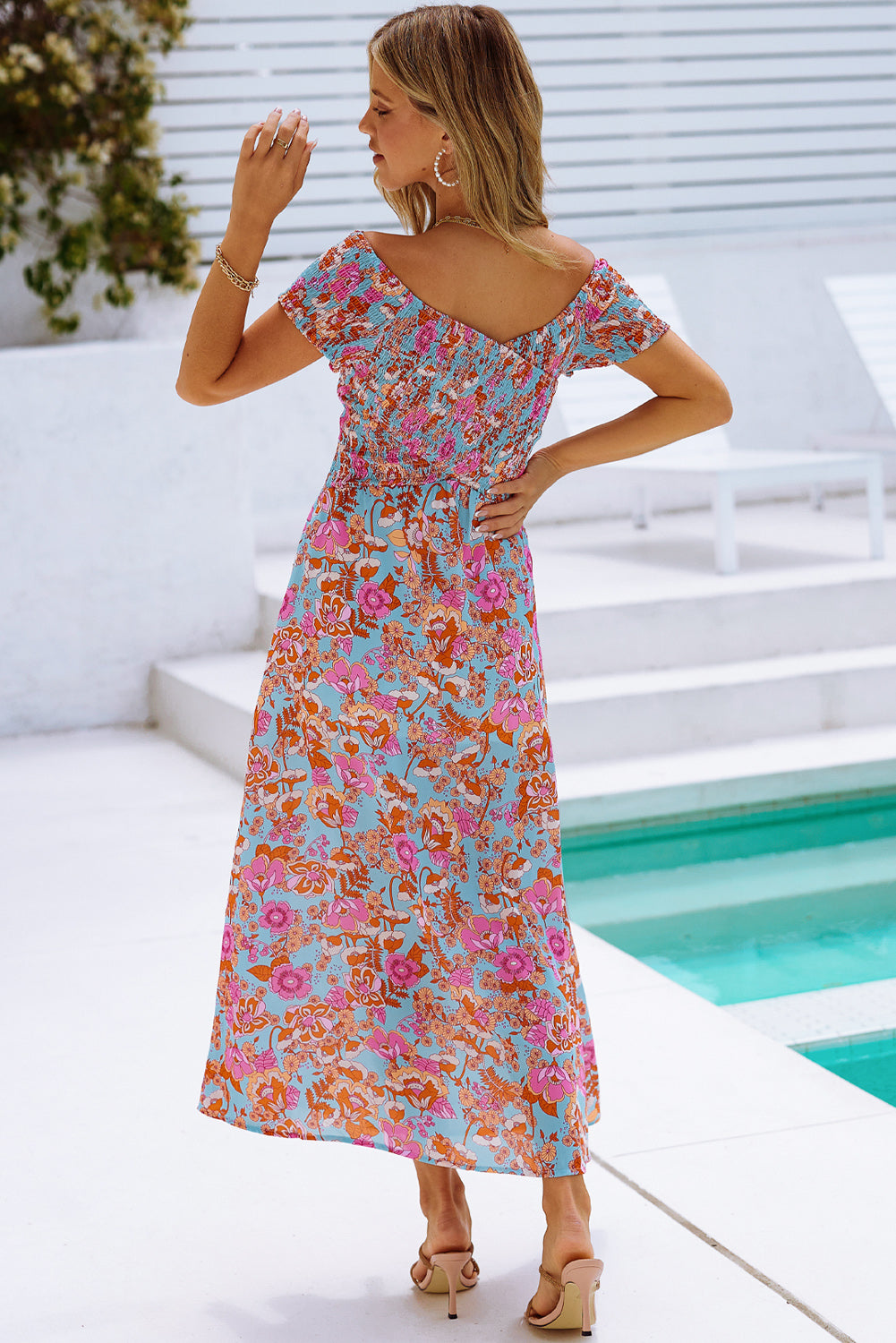 off the shoulder smocked floral dress Floral Crisscross Smocked Off-Shoulder Dress – Country Club Prep