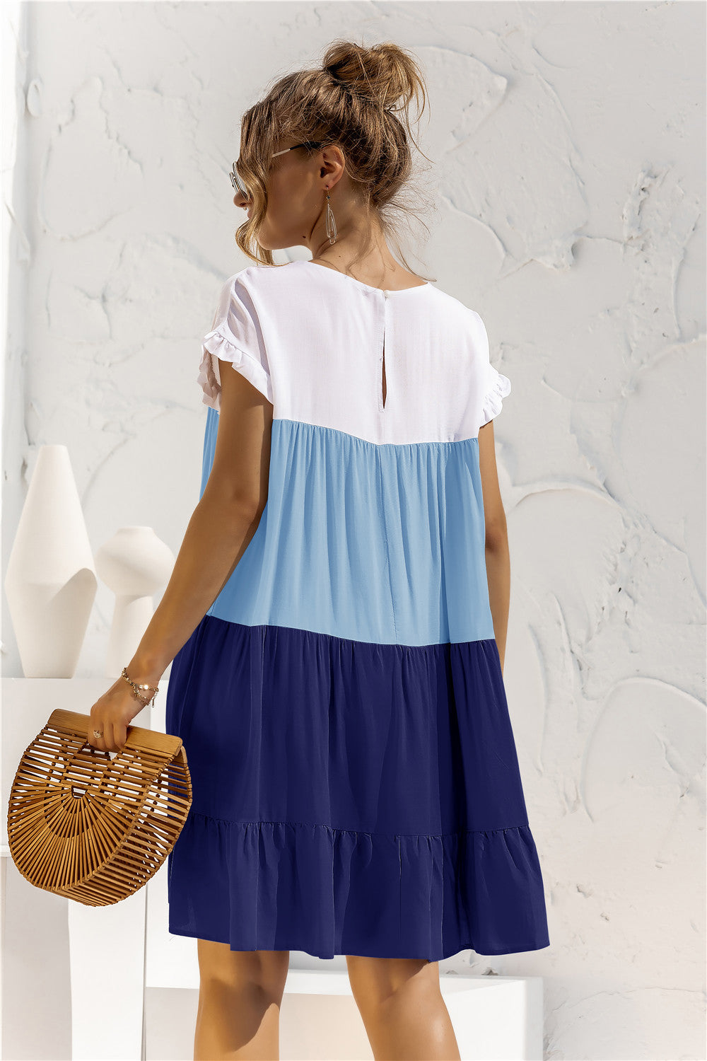 Color Block Round Neck Ruffle Hem Dress - Country Club Prep