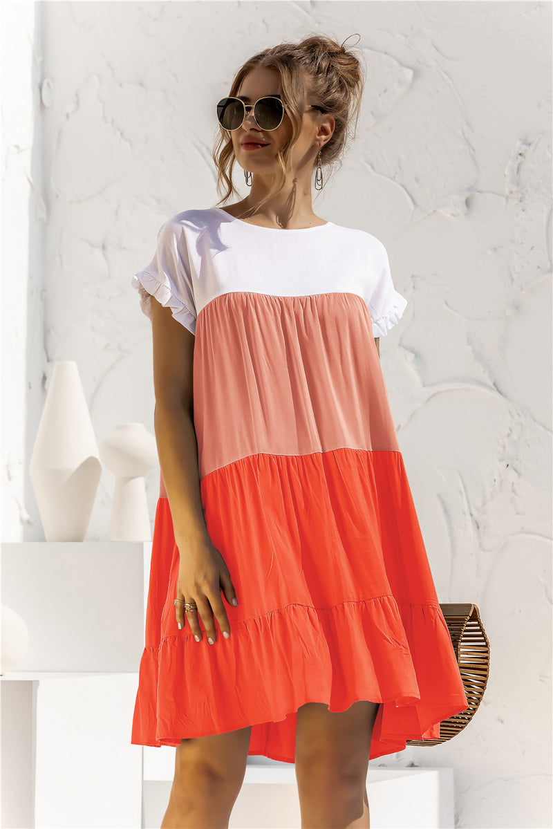 Color Block Round Neck Ruffle Hem Dress - Country Club Prep