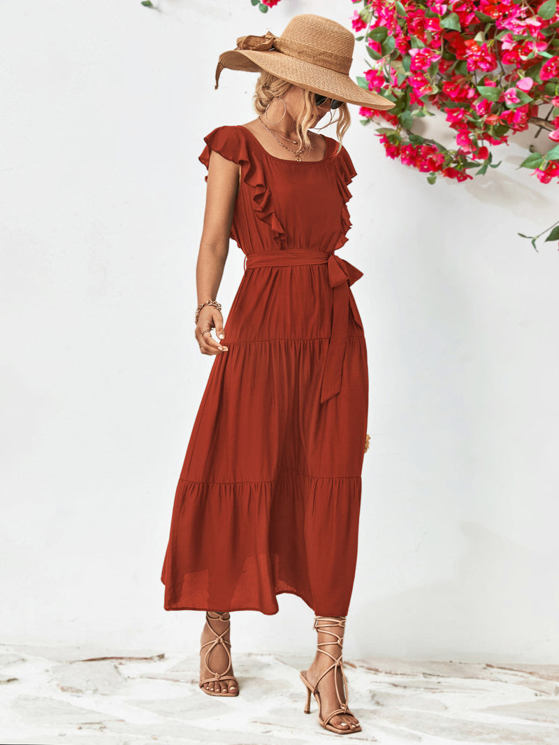 Tie Belt Ruffled Tiered Dress - Country Club Prep