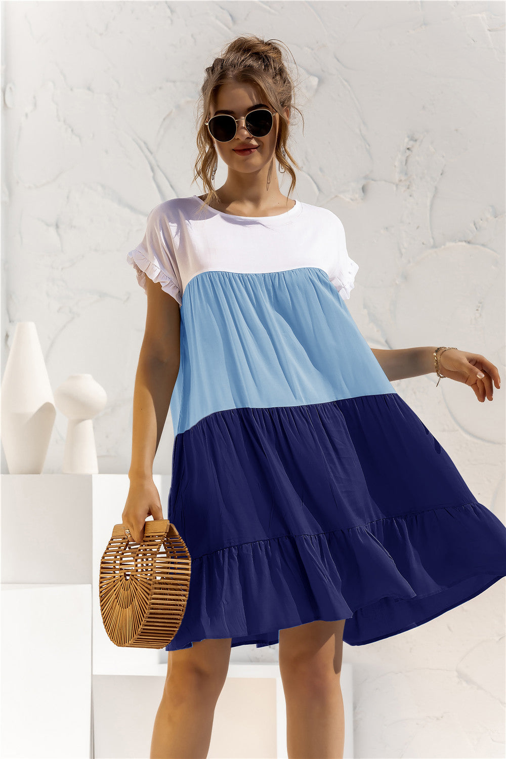 Color Block Round Neck Ruffle Hem Dress - Country Club Prep