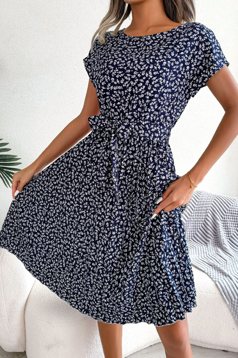 Ditsy Floral Pleated Belted Dress - Country Club Prep