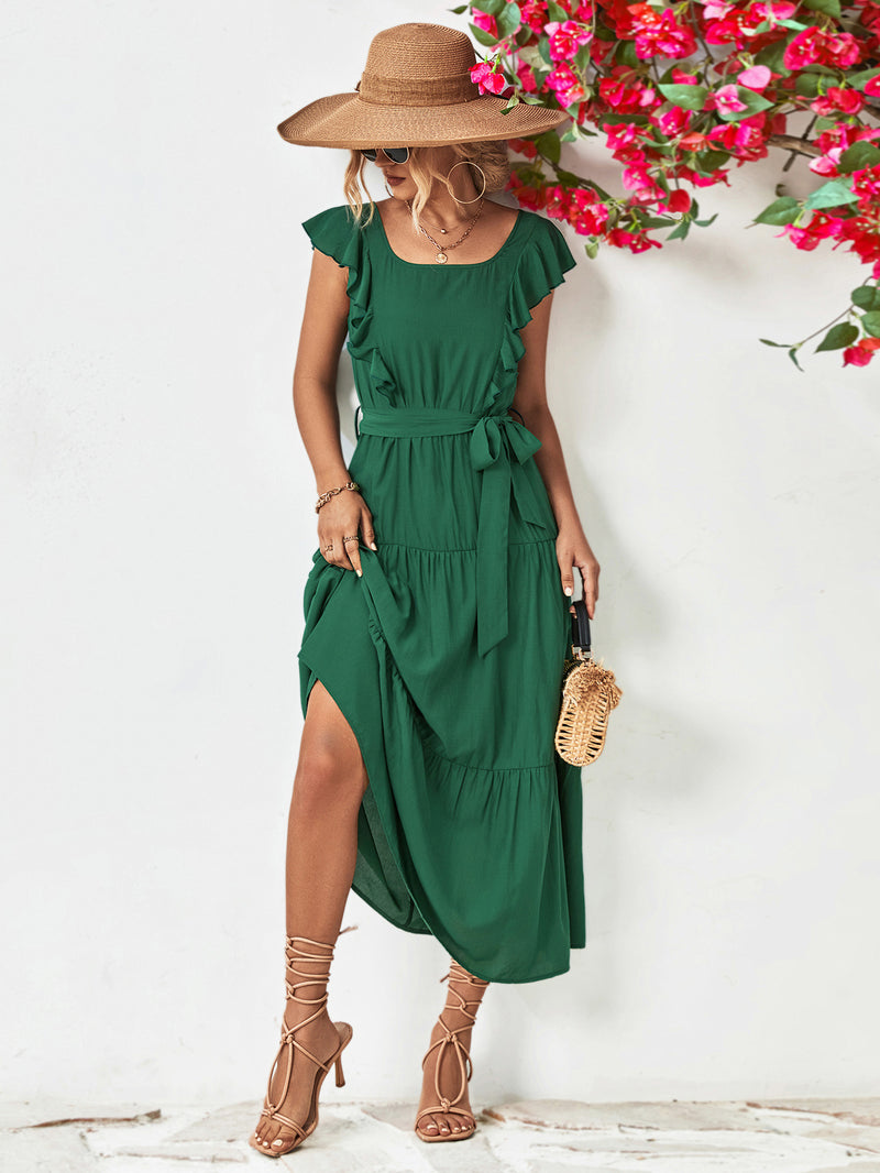 Tie Belt Ruffled Tiered Dress - Country Club Prep