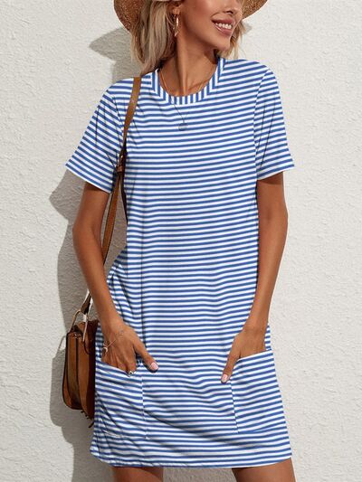 Pocketed Striped Round Neck Short Sleeve Dress - Country Club Prep