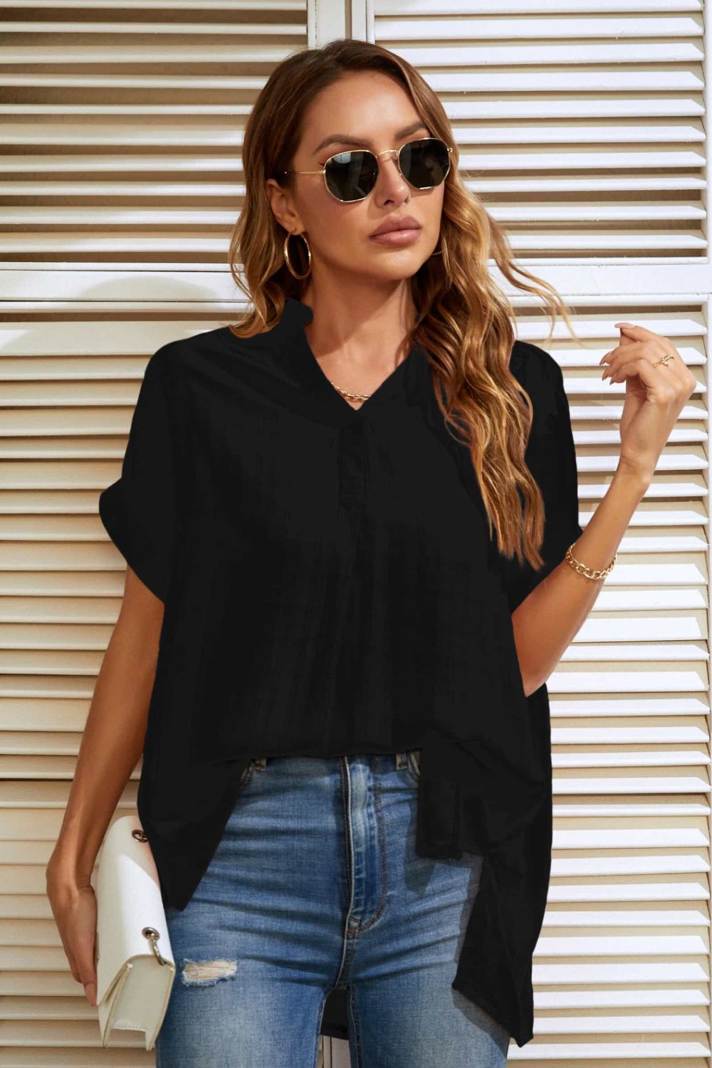 Notched Neck Slit Cuffed Blouse - Country Club Prep