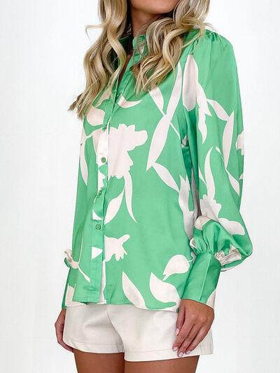 Printed Button Up Lantern Sleeve Shirt - Country Club Prep