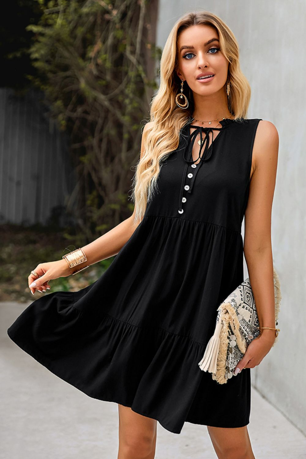 Tie Neck Tiered Dress with Decorative Buttons - Country Club Prep