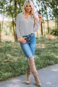 Striped Contrast Trim Quarter Snap T-Shirt - Country Club Prep