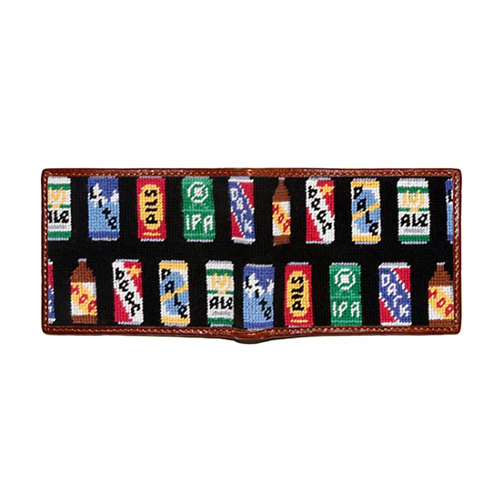 Beer Cans Needlepoint Bi-Fold Wallet in Black by Smathers & Branson - Country Club Prep