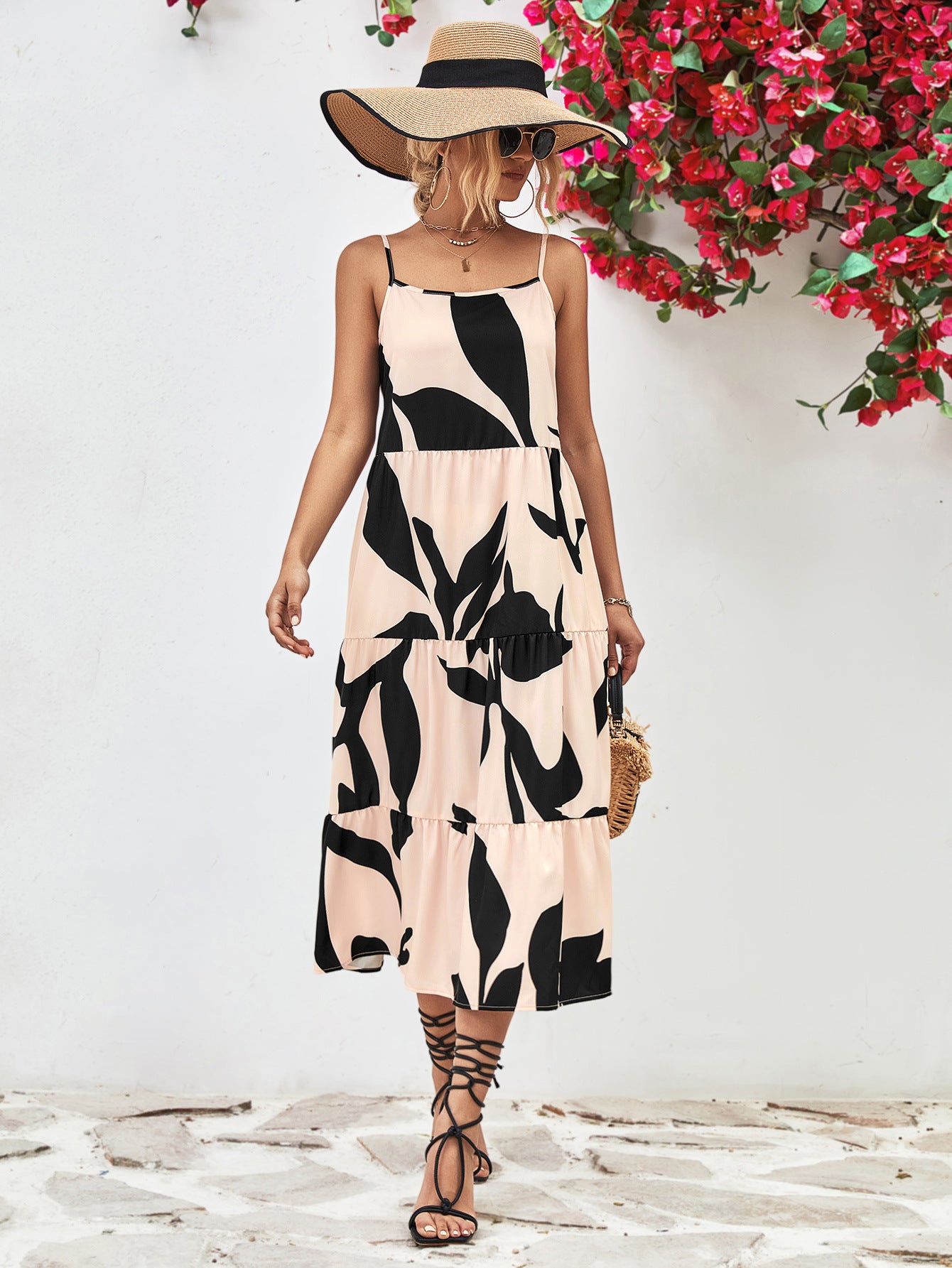 Printed Spaghetti Strap Tiered Midi Dress - Country Club Prep