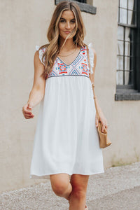 Ruffled Geometric V-Neck Sleeveless Dress - Country Club Prep