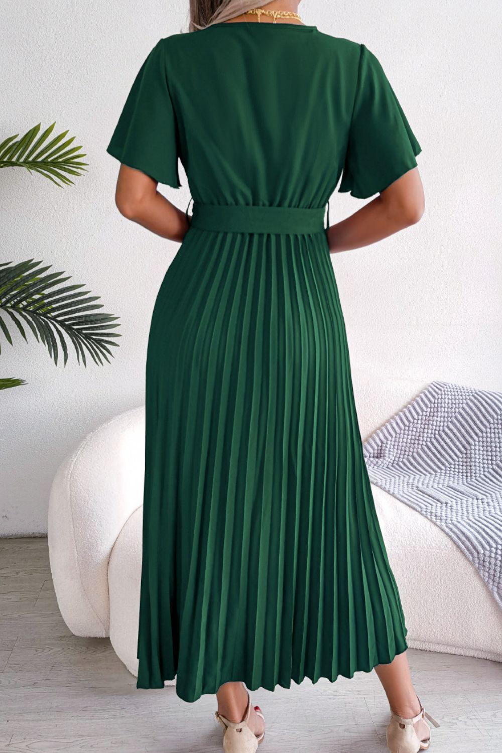 Pleated Flutter Sleeve Belted Dress - Country Club Prep