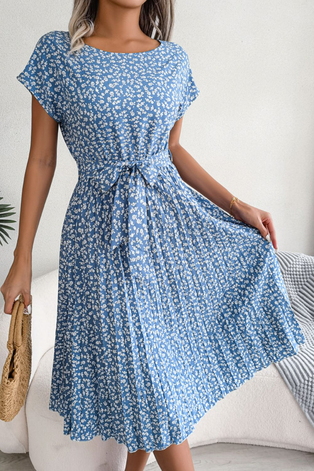 Ditsy Floral Pleated Belted Dress - Country Club Prep