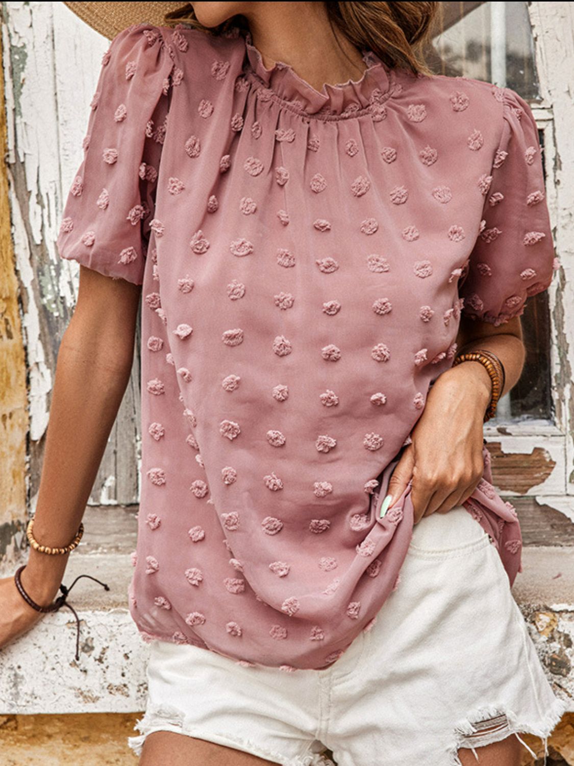 Swiss Dot Ruched Frill Trim Top - Country Club Prep