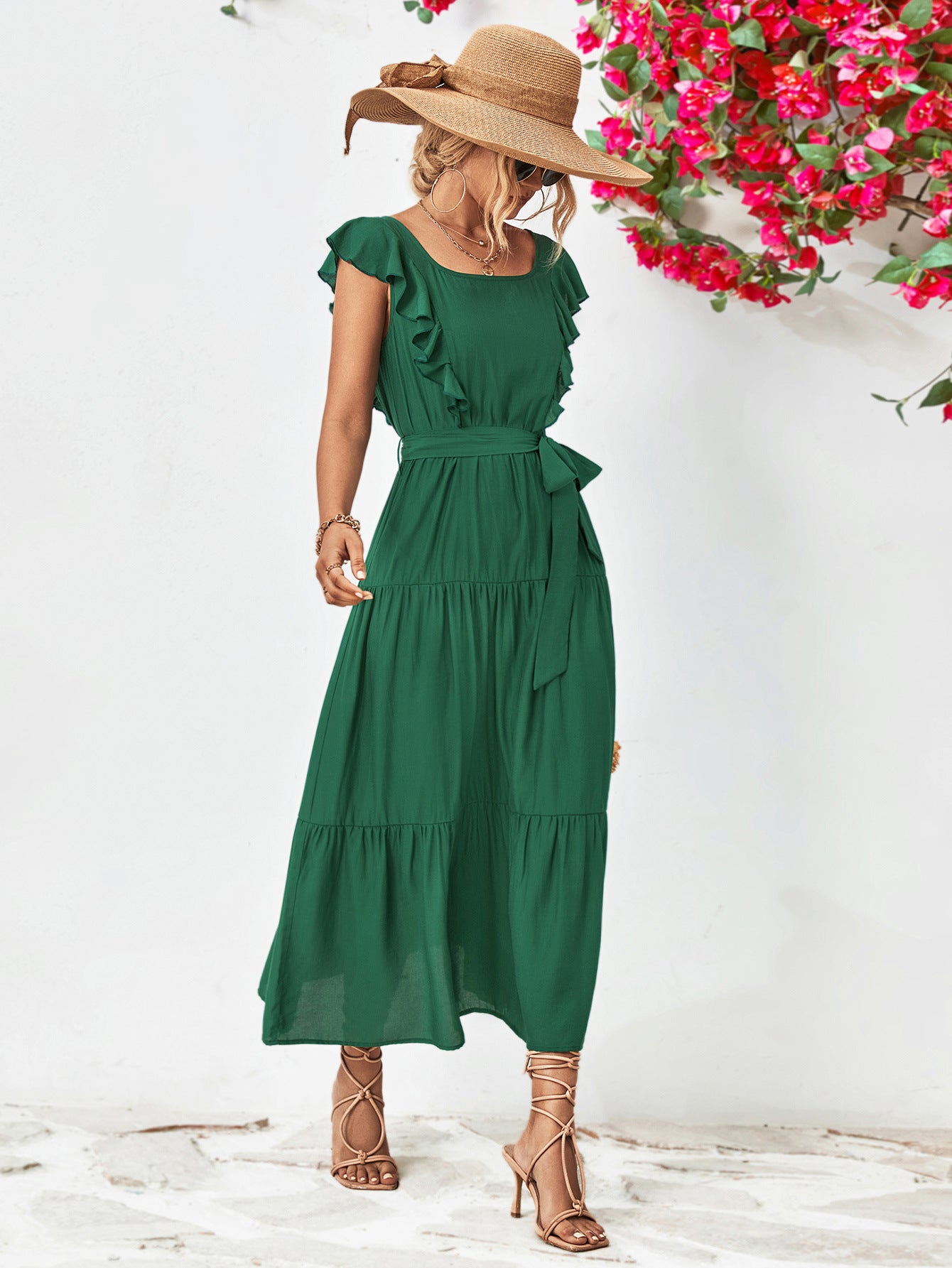 Tie Belt Ruffled Tiered Dress - Country Club Prep