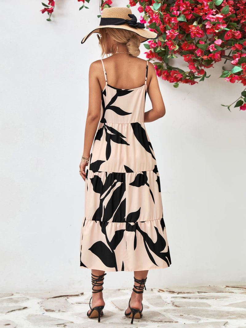 Printed Spaghetti Strap Tiered Midi Dress - Country Club Prep