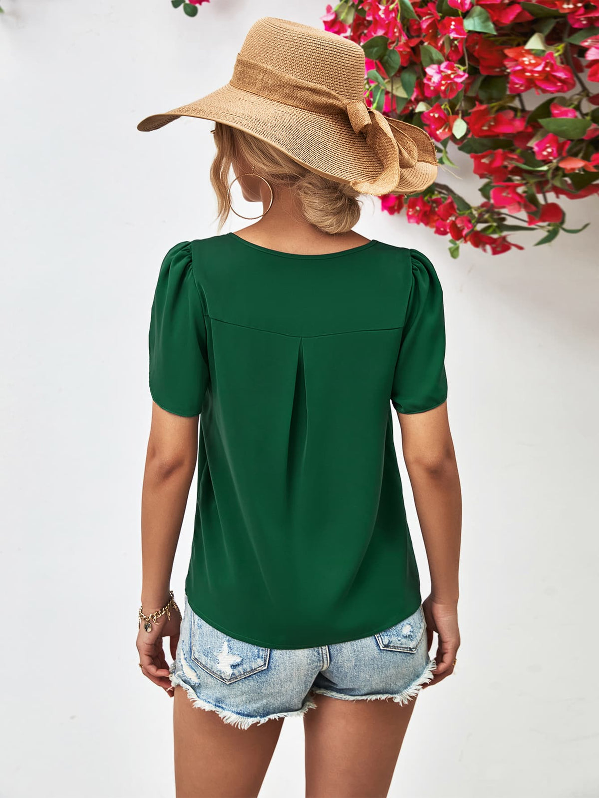 Cutout Round Neck Petal Sleeve Blouse - Country Club Prep