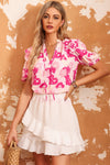 Floral Tie Neck Ruffle Shoulder Blouse - Country Club Prep