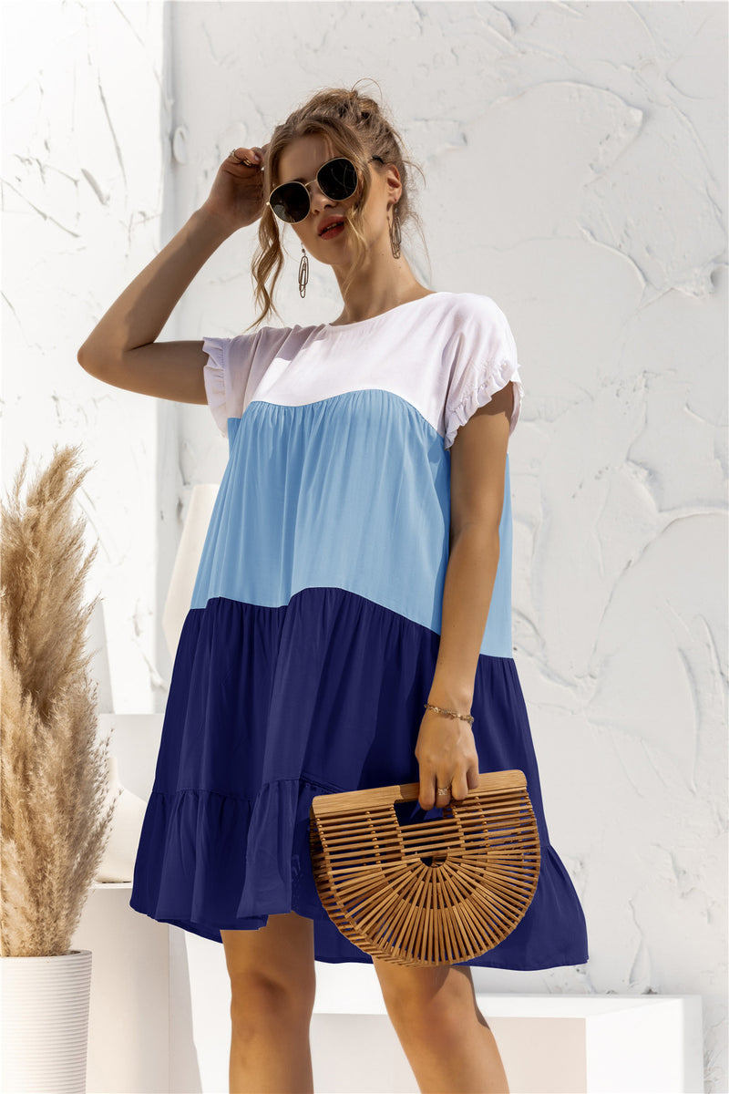 Color Block Round Neck Ruffle Hem Dress - Country Club Prep