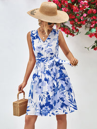 Floral V-Neck Tie Waist Sleeveless Dress - Country Club Prep