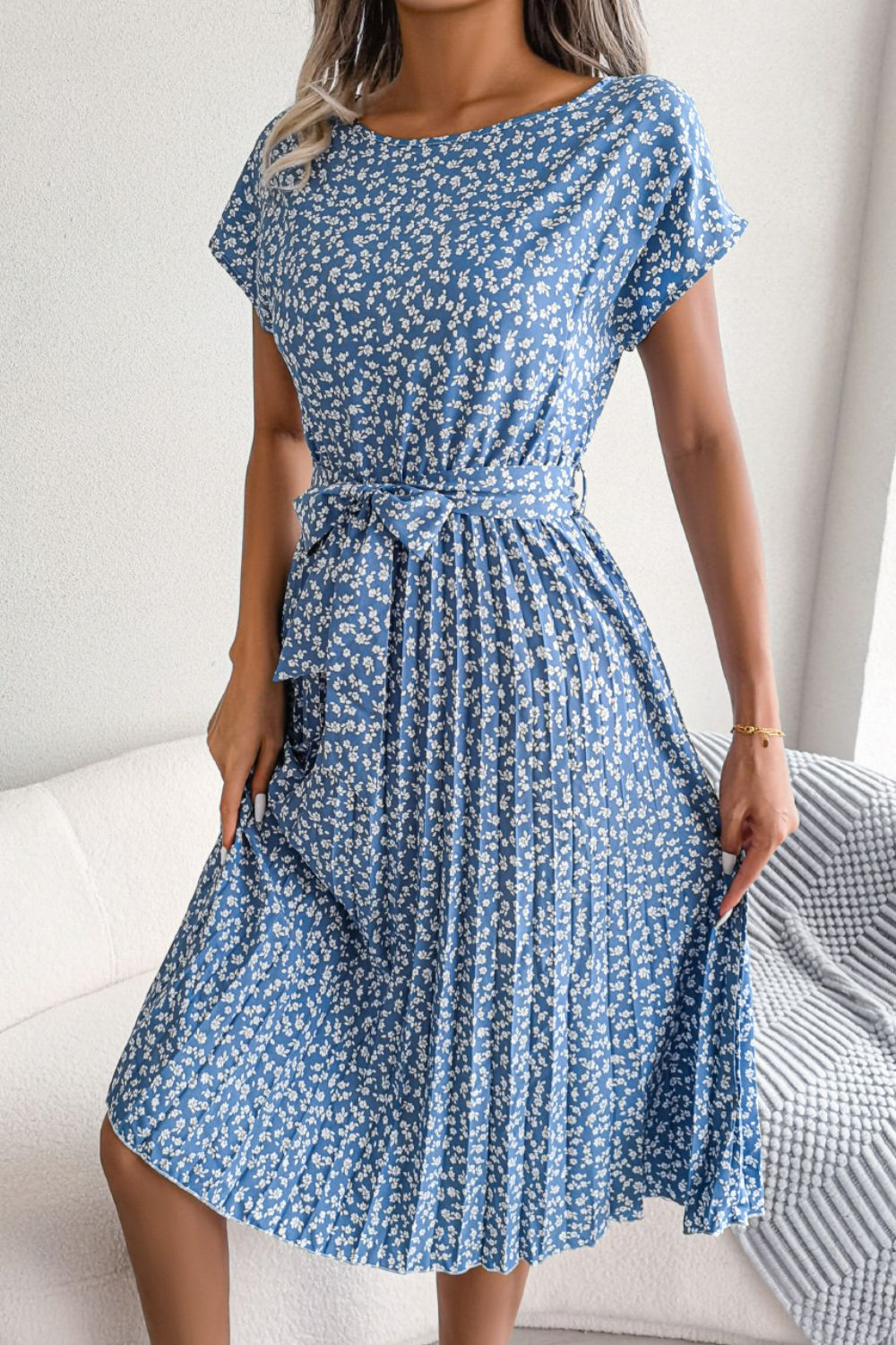 Ditsy Floral Pleated Belted Dress - Country Club Prep