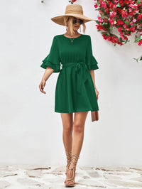 Round Neck Tie Belt Flounce Sleeve Dress - Country Club Prep