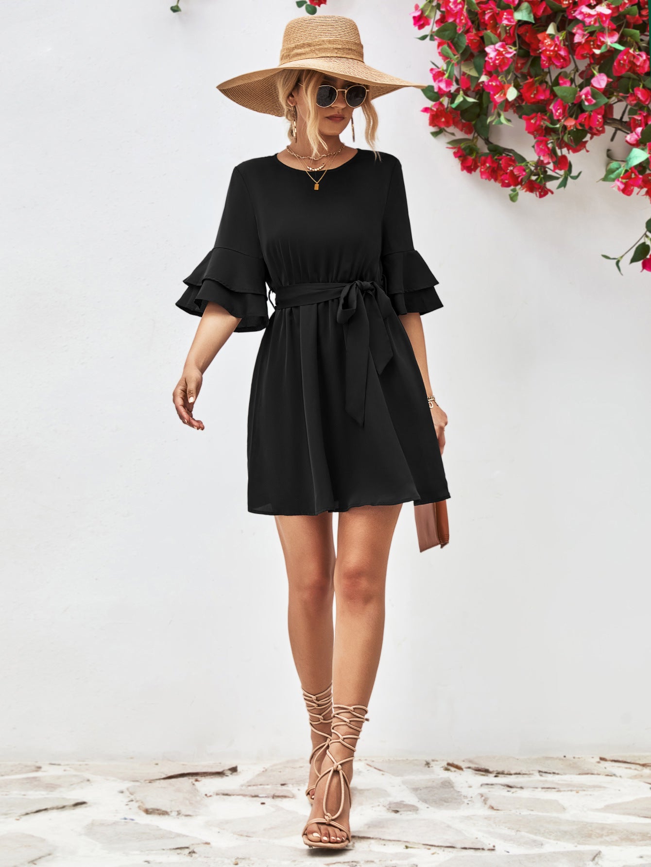 Round Neck Tie Belt Flounce Sleeve Dress Forest / M
