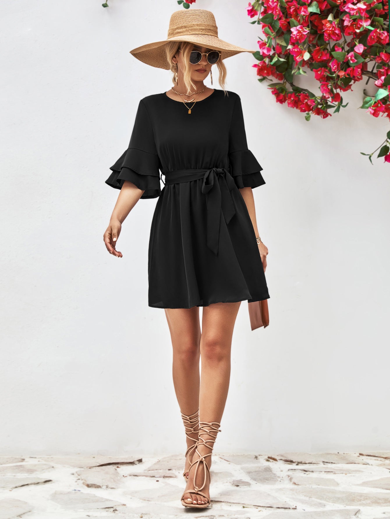 Round Neck Tie Belt Flounce Sleeve Dress - Country Club Prep